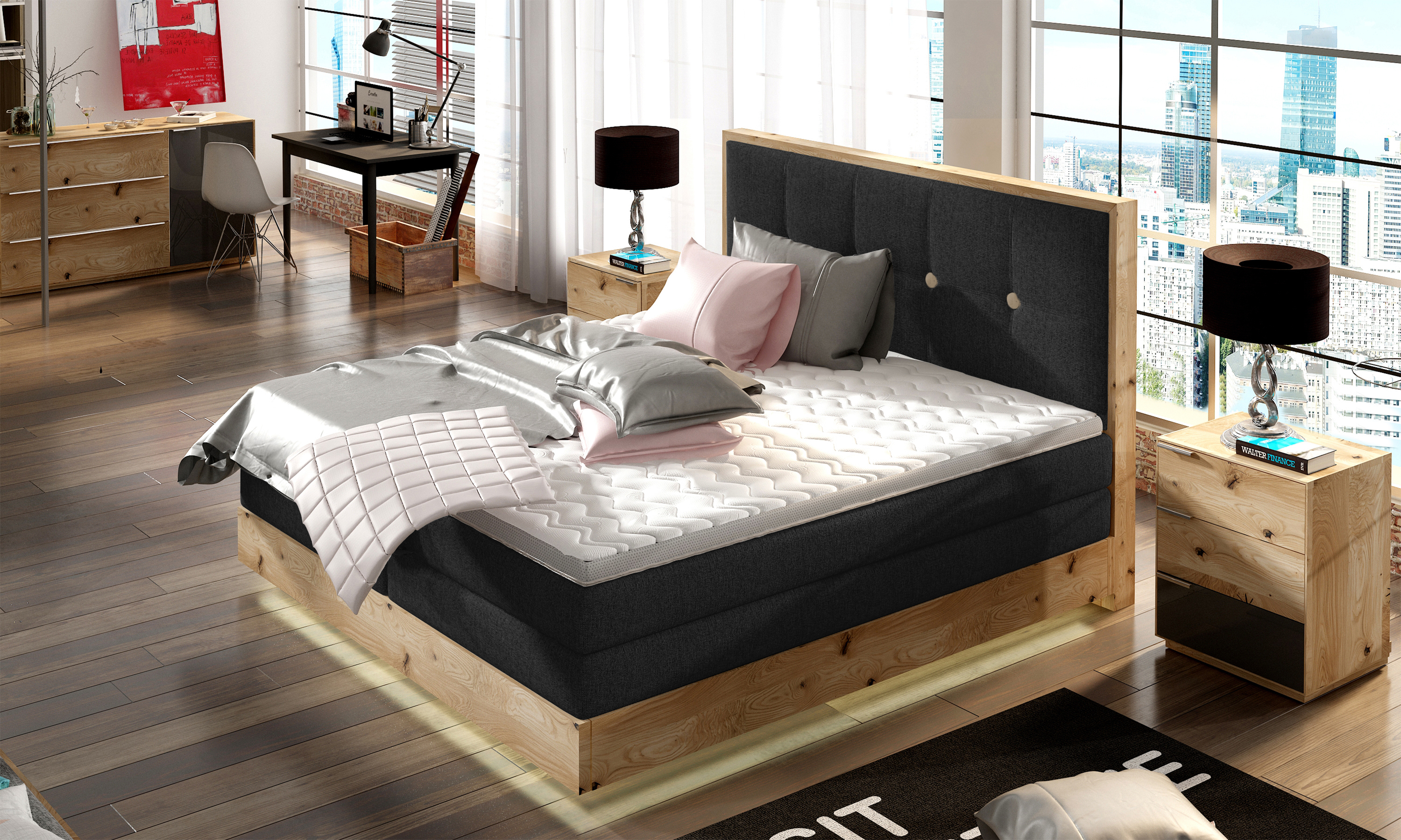 Schlafzimmer Bett Hochwertiges Boxspringbett ETNO Mit Bettkasten, Komfortabel und Elegant, Bonellfederkern, Premium Kaltschaum-Topper, Massivholz Eiche | 180x200 cm | Schwarz