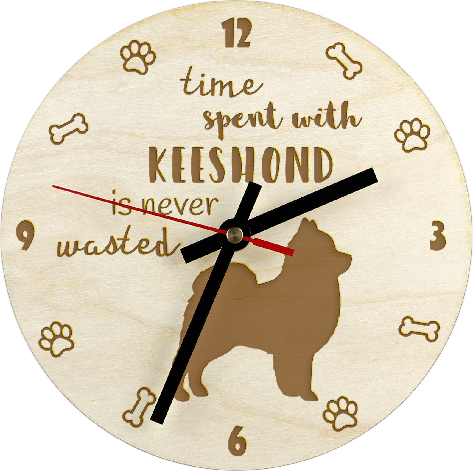 Keeshond - hodiny so psom, drevené hodiny s gravírovaním, personalizované hodiny od Art-Dog