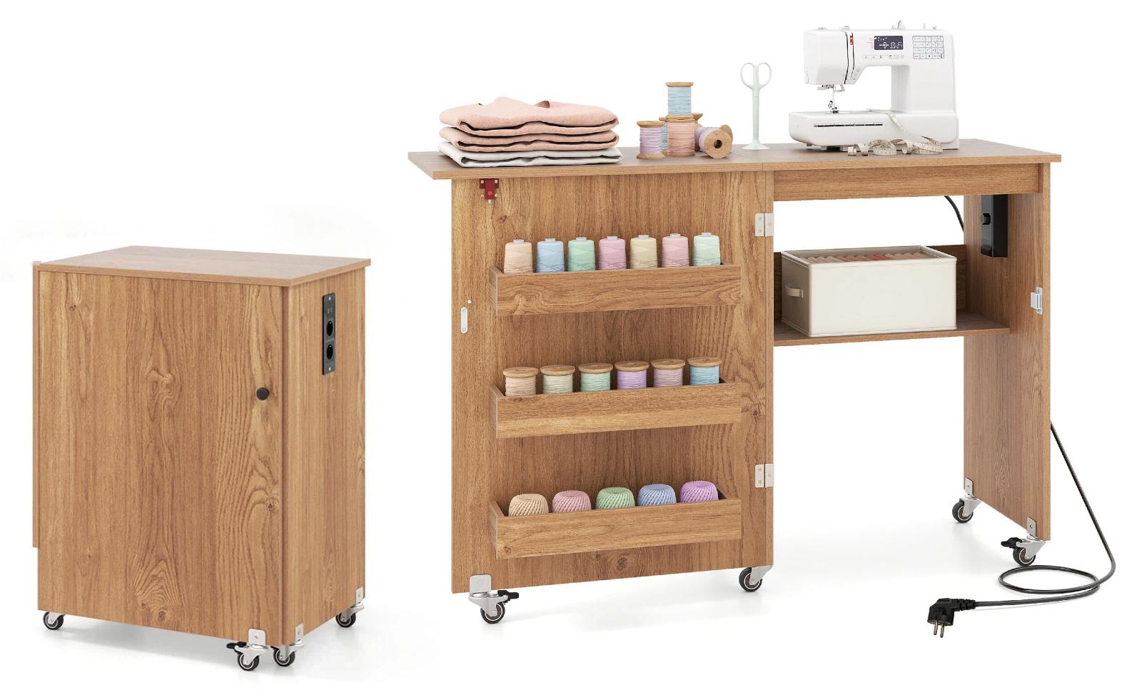 KOMFOTTEU Klappbarer Näh-Tisch mit Ladestation, 3 versteckten Fächern, mobiler Näh-Schrank, 3 feststellbare Rollen, Schrank für Nähmaschine, für Zuhause, Atelier, Bastelraum (Natur)