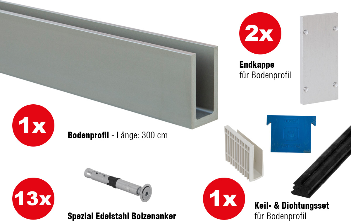 Josef Steiner Ganzglasgeländer Komplettset - Ausführung: für aufgesetzte Montage, für Glasstärke: 20,76-21,52 mm, Länge: 3 m