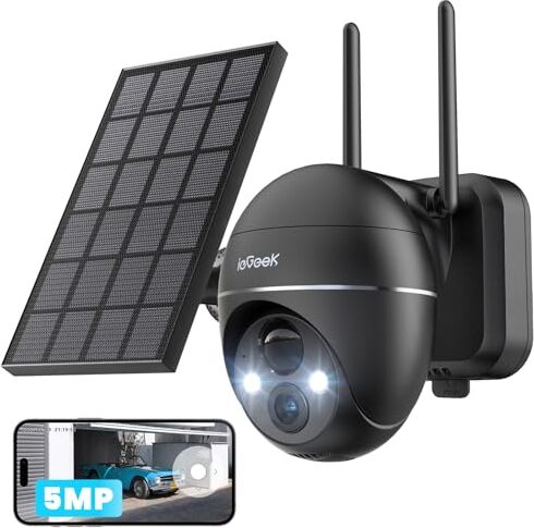 IEGEEK 5MP vonkajšia kamera, batéria, solárny panel PTZ WLAN, PIR senzor pohybu, 30 m farebné nočné videnie, obojsmerný zvuk, 2,4 GHz WLAN,