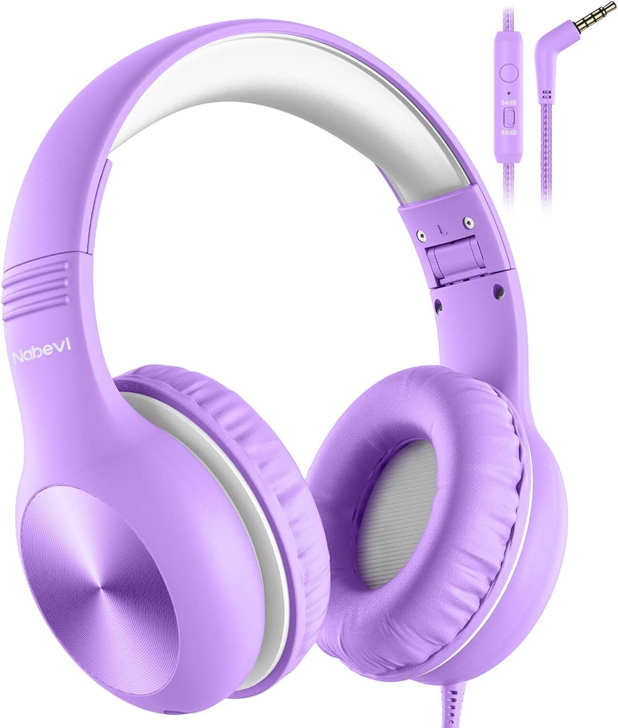 Detské slúchadlá s káblom, limit hlasitosti 85/94 dB, HD zvuk, funkcia zdieľania, nastaviteľné skladacie detské slúchadlá s mikrofónom do školy/na cesty/PC