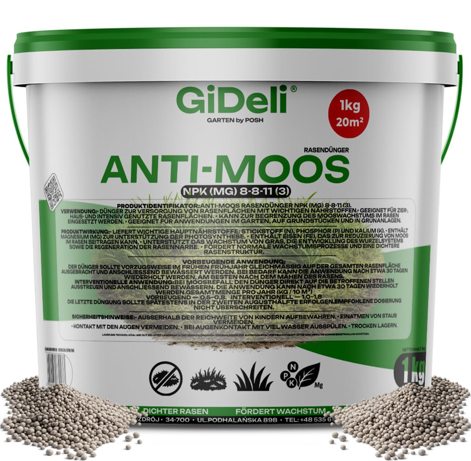 Posh Anti-Moos Rasendünger 1kg NPK 8-8-11 Frühjahr Eisen Magnesium Garten GiDeli