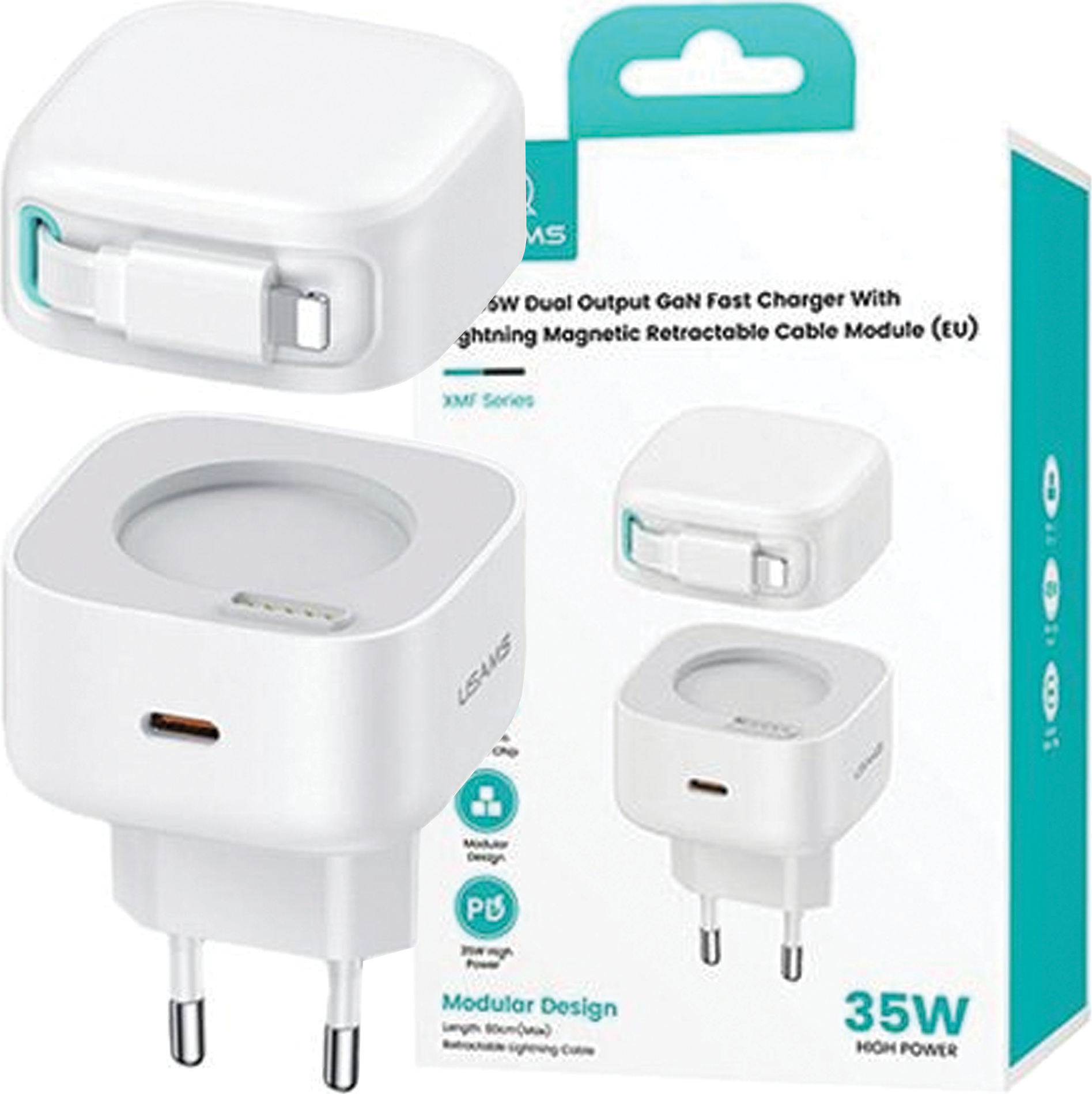 Usams Lad. Siete. 1Xusb-C So Zasúvateľným Káblom Lighting Retractable Pd+Qc 35W Gan Fast Charging White/White Xmf Series Cc209Tc02 (Us-Cc209)