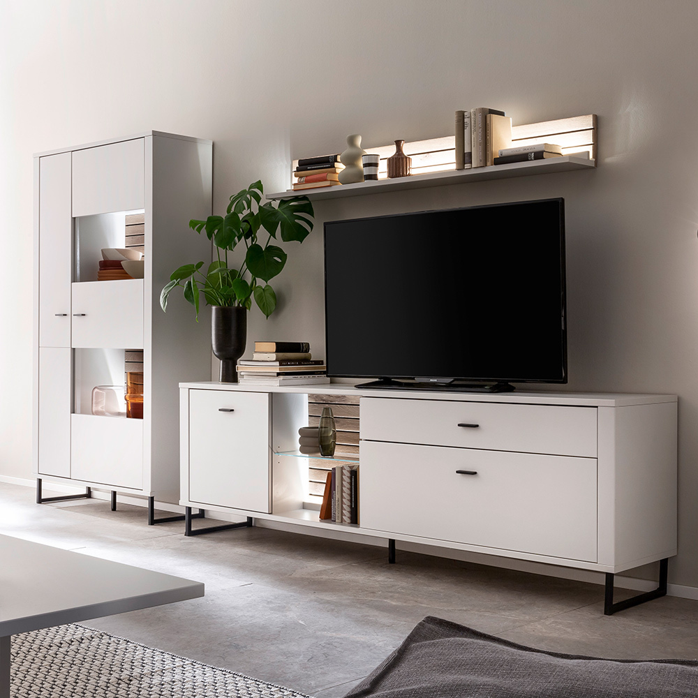 Lomadox Wohnwand weiß mit Eiche-Lamellen LAUREANA-05 3-teilig, mit Beleuchtung LA05-LAUREANA-05-SET9