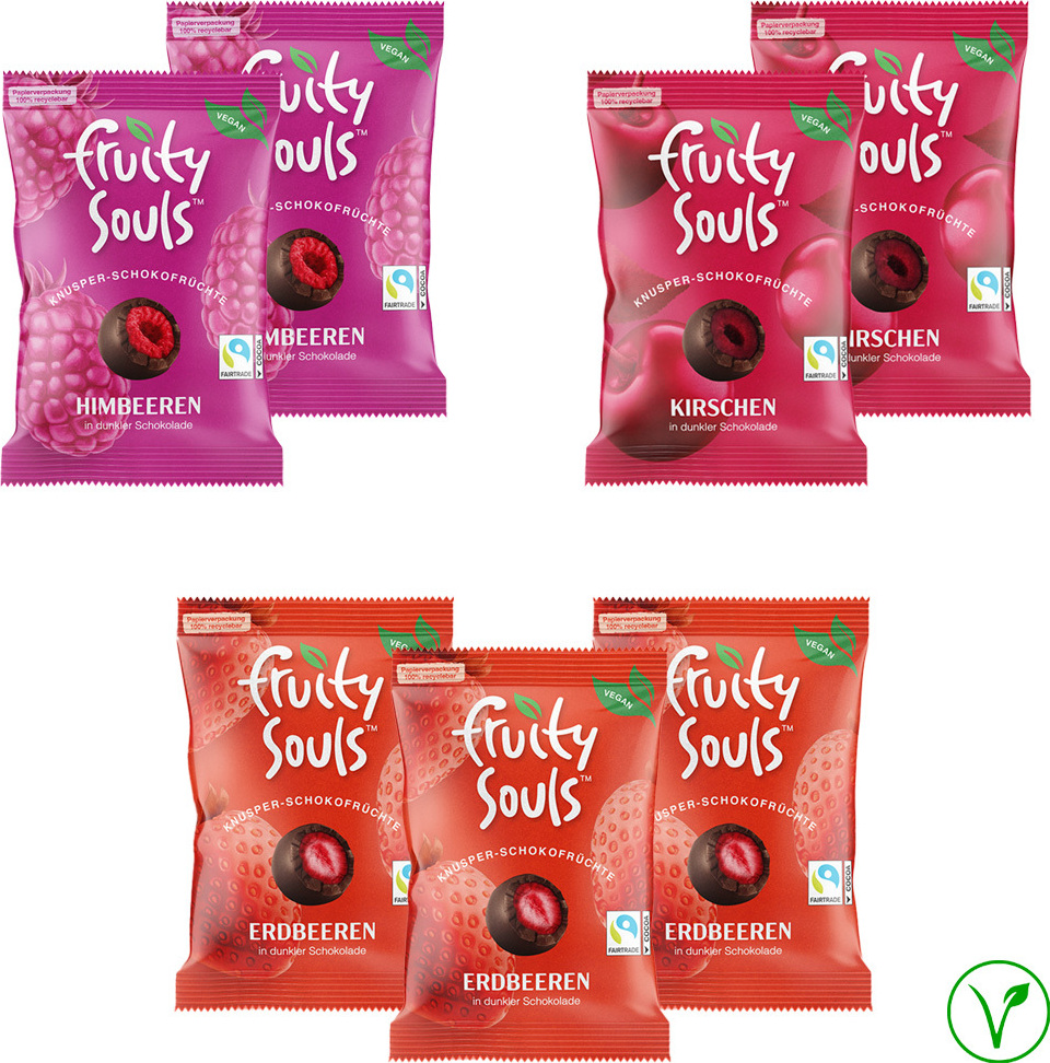 FROOX FruitySouls - Gefriergetrocknete Früchte mit Schokolade | vegan | 7 Pack (560g) | Schokofrüchte | Gefriergetrocknete Früchte, schokoliert