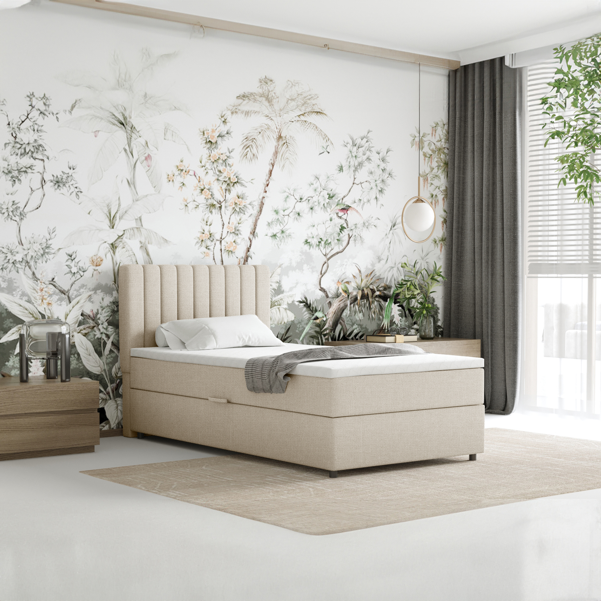 Boxspringbett 100x200 EVEREST, mit Topper, mit Bettkästen, Einzelbett, Beige, Panda Möbel EVEREST_100_BON01