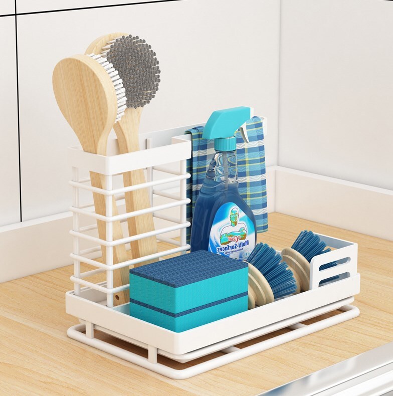 mcstar Spülbecken Organizer Spülbecken Caddy Organizer Edelstahl Küchen Organizer Waschbecken Spülbecken Organizer mit Abflusspfanne für Küche Schwamm Organizer, Weiß