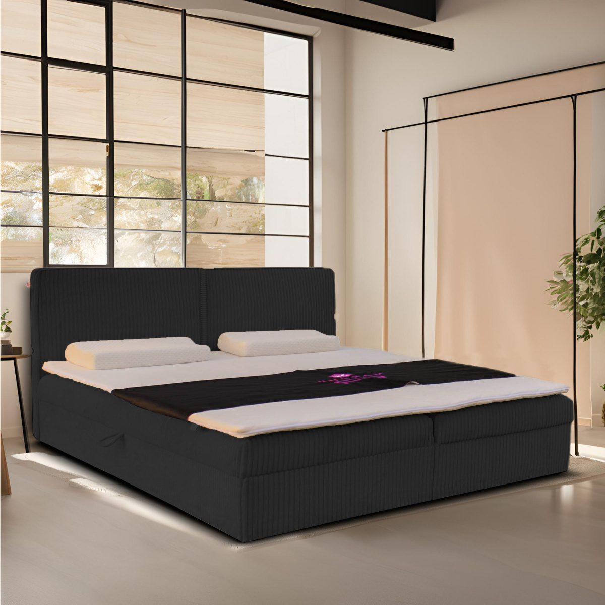 Prírodná čalúnená posteľ s čelom, 140x200 cm, kontinentálna manželská posteľ, látka na kábli: čierna
