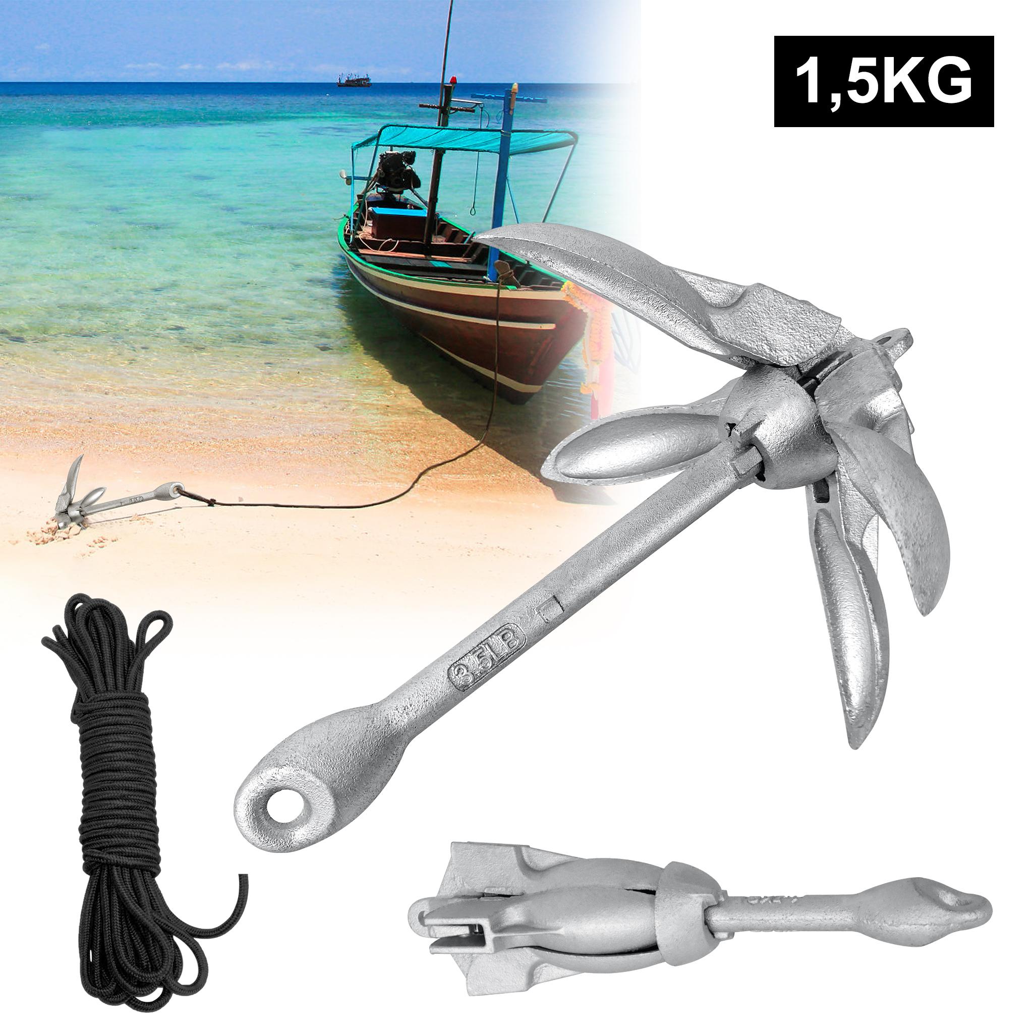 XINZI Faltbare Bootsanker Faltanker Klappanker aus Verzinkter Stahl 1,5KG Faltklappanker Boot Anker Ankerset mit 10M Ankerschleppseil für Boot