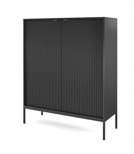 piaski „Aura“ Hohe, rechteckige Kommode mit zwei Türen für das Wohnzimmer – mit gerillter Front, in Schwarz mit schwarzen Beinen – 104 x 39 x 125 cm.