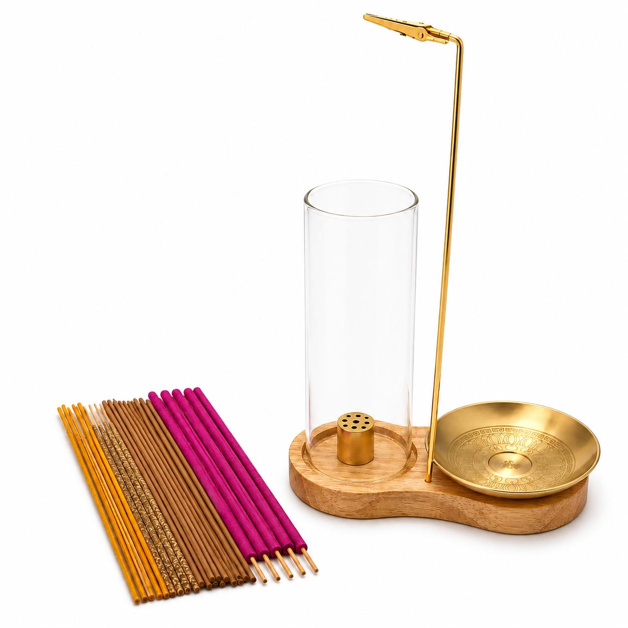 DA Concept Räucherstäbchenhalter Set mit 30 Räucherstäbchen – Holzständer mit Ascheschale, Glas & goldenem Halter