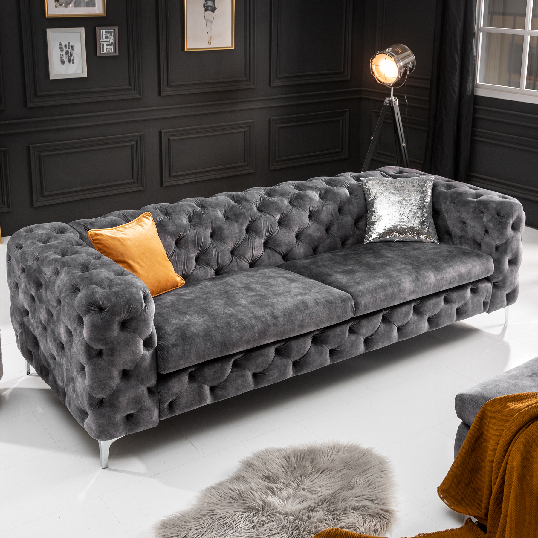 chesterfield sofa modern barock 240cm samt dunkelgrau 3-sitzer