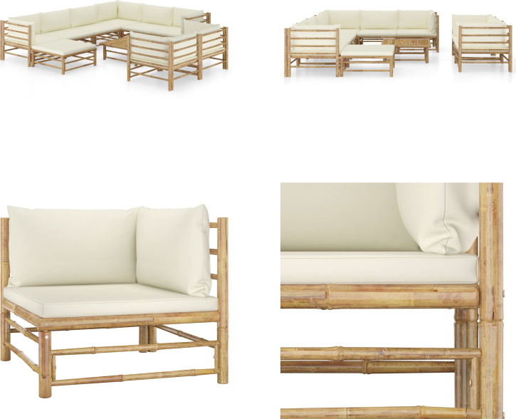 vidaXL 10-dielna záhradná súprava s krémovo bielymi vankúšmi bambus - Záhradná súprava - Záhradné súpravy - Záhradný nábytok - Súprava záhradného nábytku