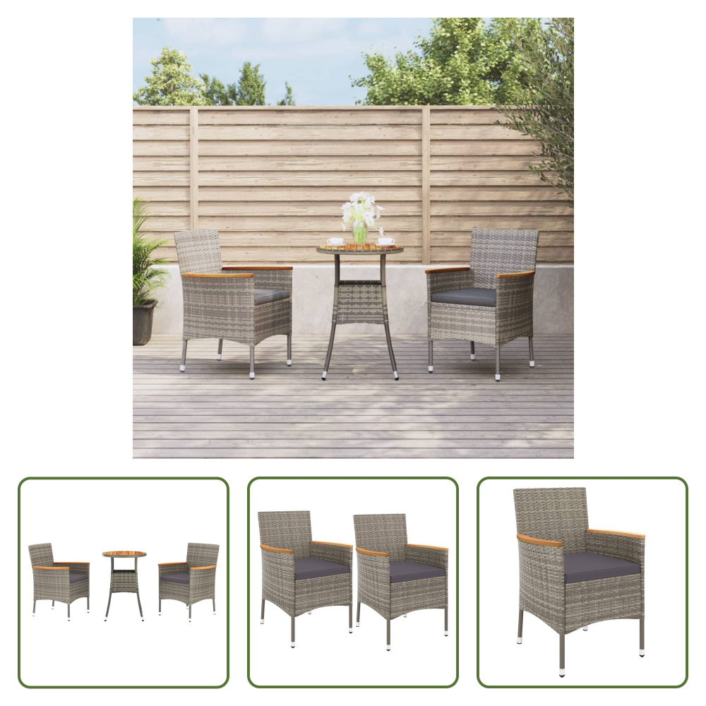 The Living Store 3-dielny záhradný bistro set s vankúšmi sivý polyratan