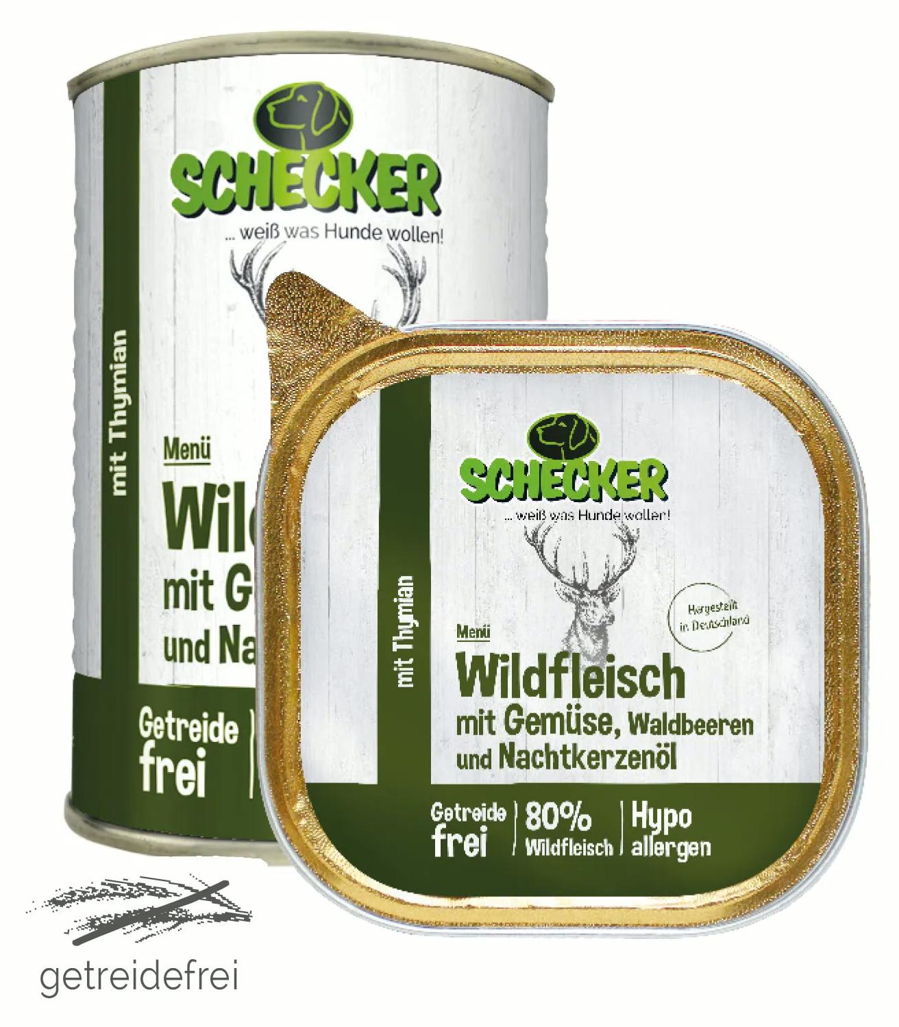 3x200g Schecker Hundemenü -reines Wild Muskelfeisch Gemüse Waldbeeren und Nachtkerzenöl