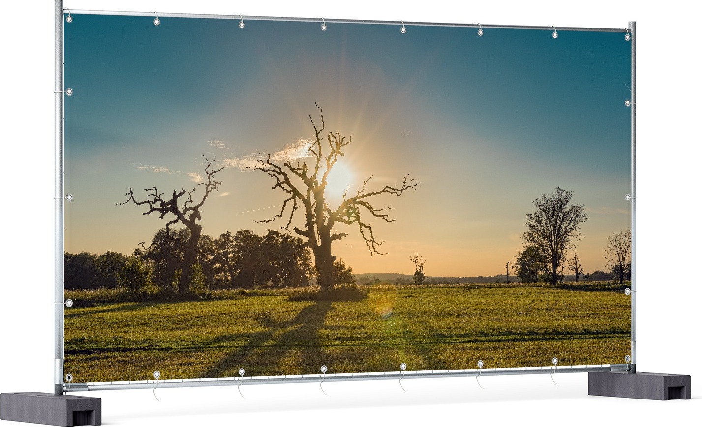 Wallario XXL Outdoor-Poster für Garten oder Balkon, Motiv Alte knochige Bäume bei Sonnenuntergang, in ca. 340 x 173 cm goban5324-340173