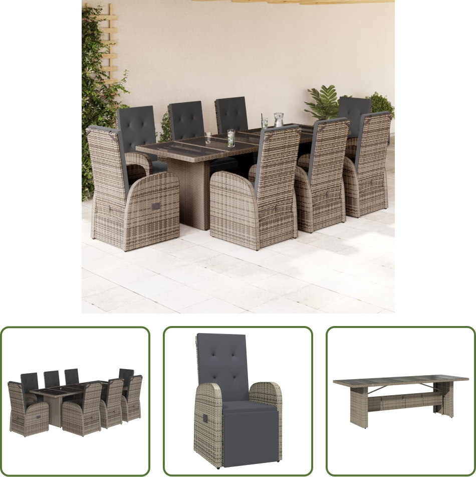 The Living Store 9-dielny záhradný jedálenský set s vankúšmi sivý polyratan
