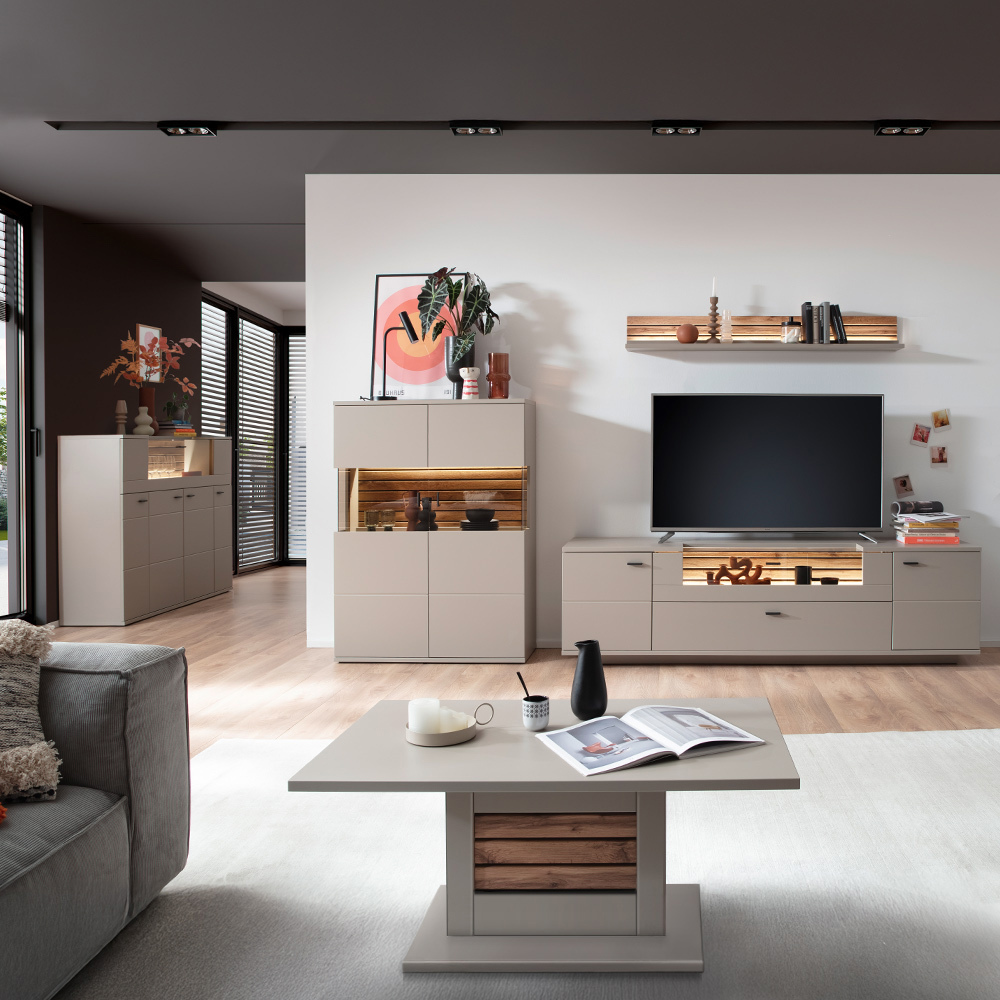 Lomadox Wohnzimmer-Set 5-teilig LIEZEN-05 in grau mit Eiche inkl. Beleuchtung LA05-LIEZEN-05-SET14