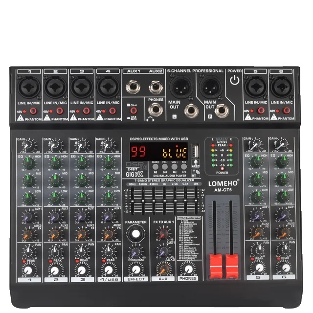Audio mixér, 8 kanálov, pripojenie Bluetooth, nahrávanie cez USB, 6 kanálov EU PLUG