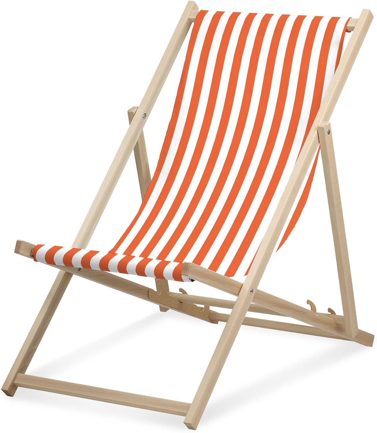 Lehátko - úzke pruhované - oranžové - skladacie - z bukového dreva - nosnosť do 95 kg - 3-smerovo nastaviteľné operadlo - plážové lehátko