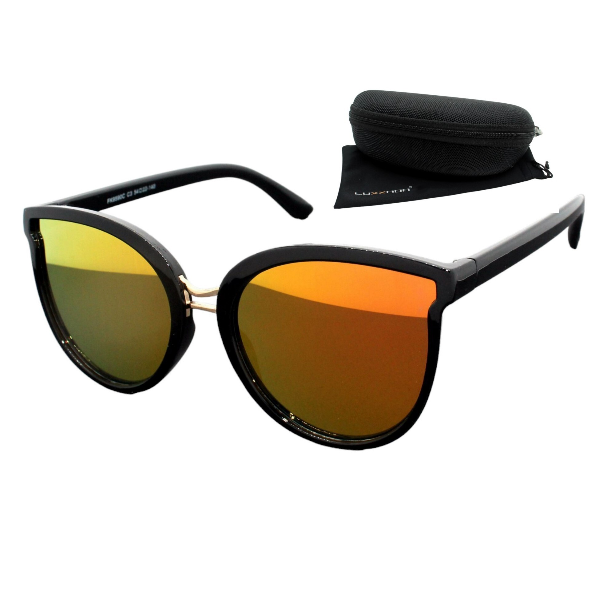 Luxxada Hochwertige Katzenaugen Sonnenbrille Orange Verspiegelt UV400 Groß Modern Schwarz Gold Damen Cateye Brille mit Hardcase LX12CT-SW-Orange-BOX