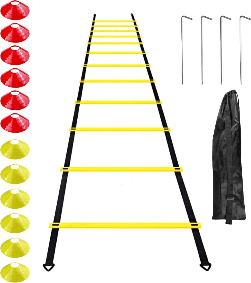 Gvolatee Fußball Trainingszubehör Koordinationsleiter Trainingsleiter, Koordinationsleitern mit 12 Hütchen 4 Pfählen fußball Trainingsset Equipment Zubehör Fußballtraining