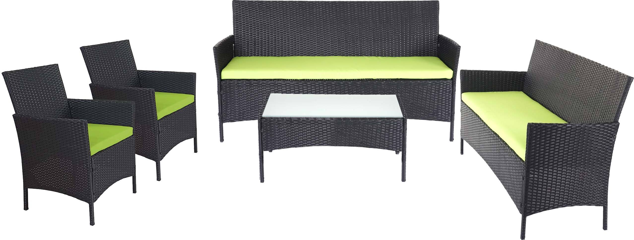 3-2-1-1 Poly-ratanová záhradná súprava Halden, Lounge Set Sofa ~ antracit, vankúše zelené