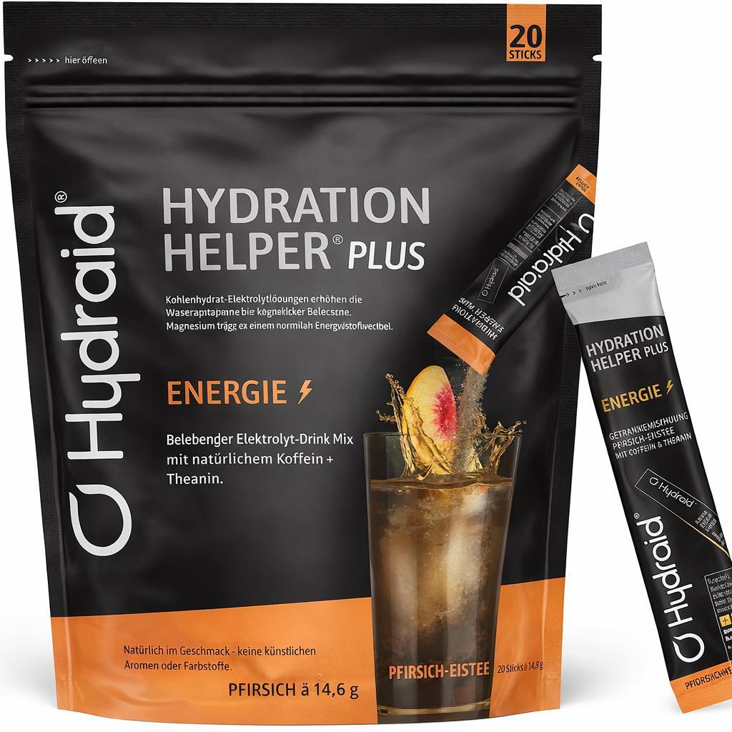 Hydraid® PLUS ENERGY Peach Iced Tea – Elektrolyt Pulver mit Koffein – Mehr Energie & Mehr Fokus – 20 Sticks mit Grüntee Extrakt und Theanin