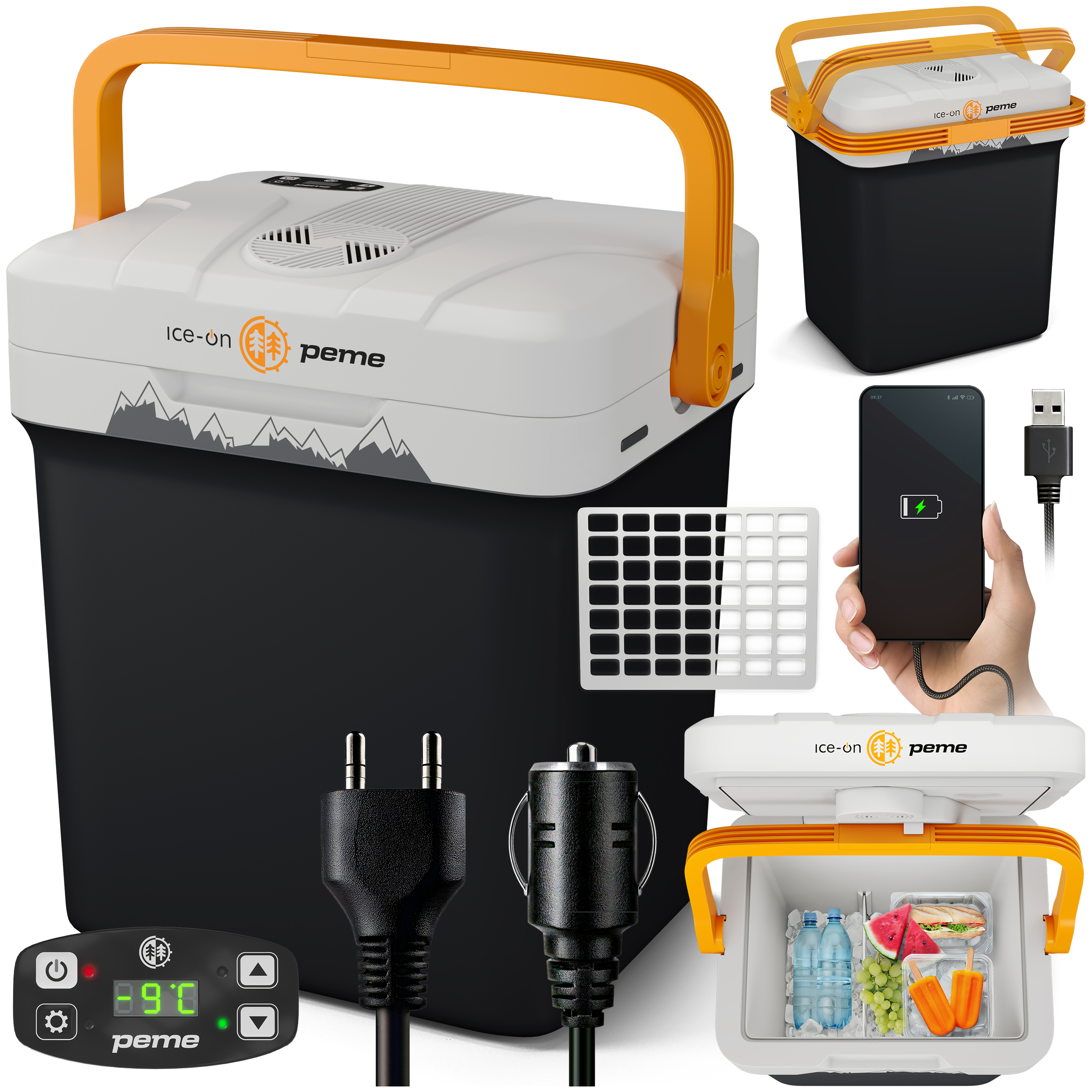 PEME Essential 23L Elektrische Kühlbox 12V 230V - Thermoelektrisch Kühltasche Auto Camping Mini Kühlschrank Warmhaltebox USB ECO Reise Schwarz Orange ioEss-M