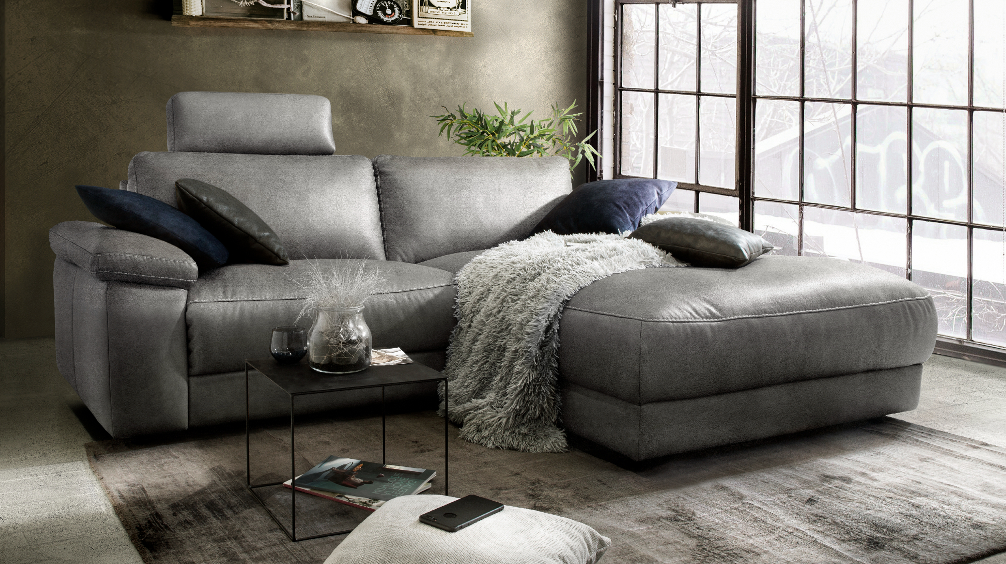 KAWOLA Sofa LOLA Ecksofa Stoff grau mit motorischer Relaxfunktion Recamiere rechts