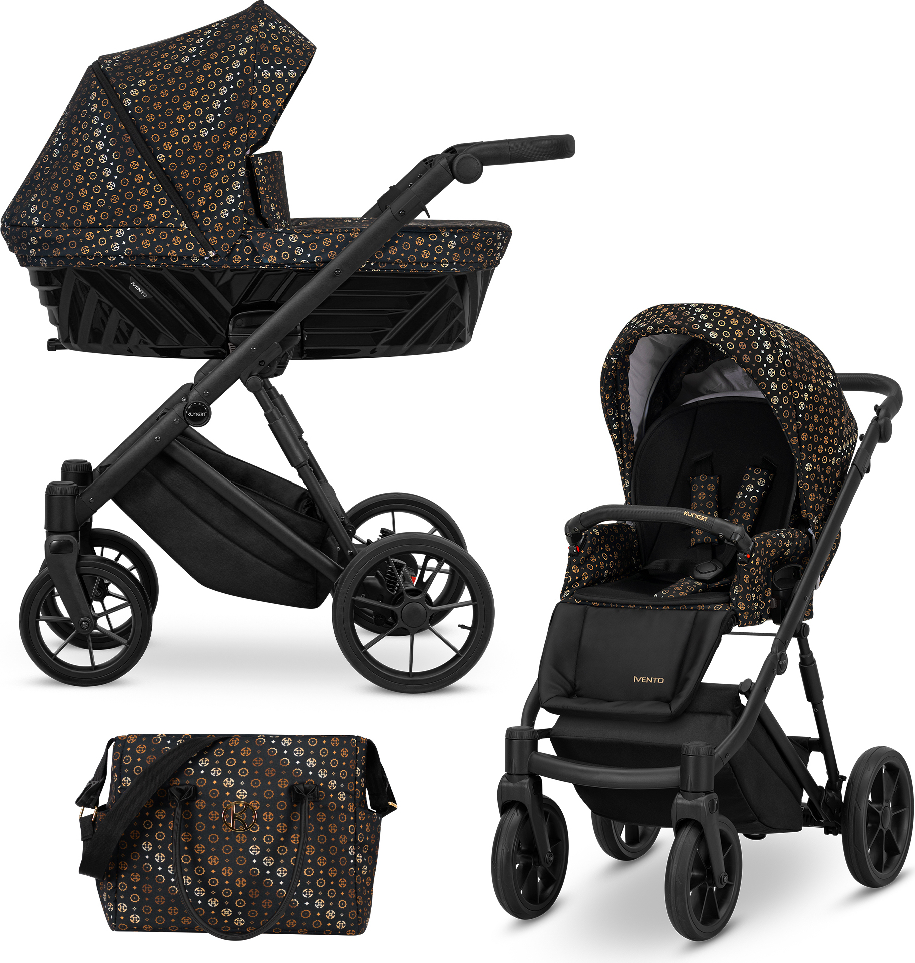 Kinderwagen IVENTO Sportwagen Babywagen Babyschale Komplettset Kinder Wagen Set 2 in 1 (Black Style, Rahmenfarbe: Schwarz)