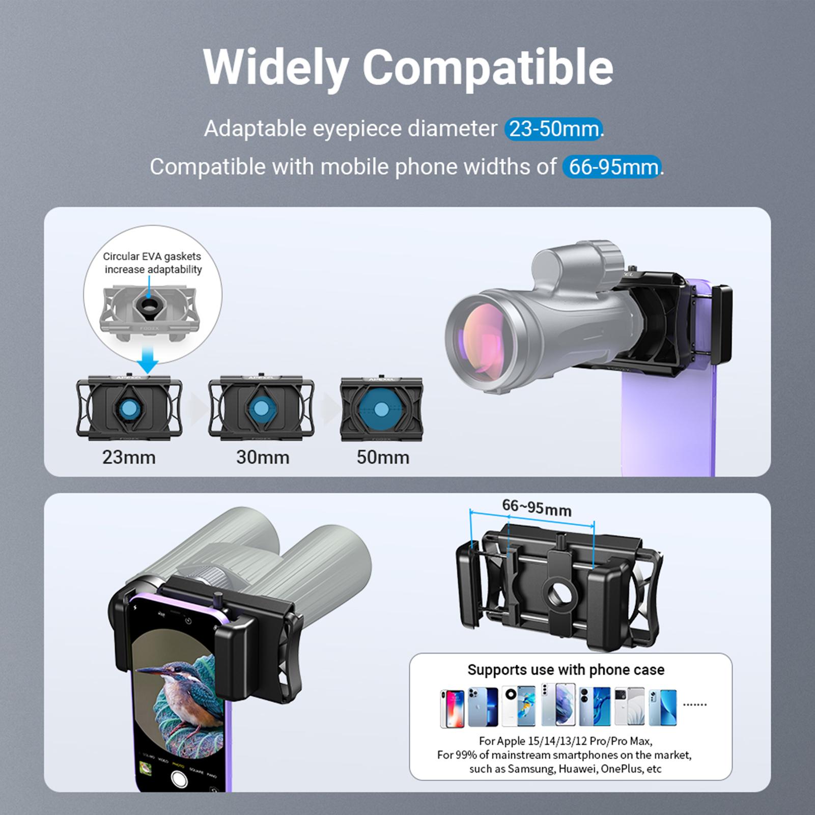 Gistuch APEXEL APL-F002X Teleskop-Telefonadapter, 360° drehbare Halterung für Halter, Monokular, Mikroskop, Spotting, Binokular, Foto, Smartphone, Digiscoping mit Fernauslöser