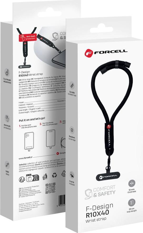 FORCELL F-DESIGN R10X40 šnúrka na telefón na zápästie s nastaviteľnou dĺžkou (max. 20 cm v slučke) čierna
