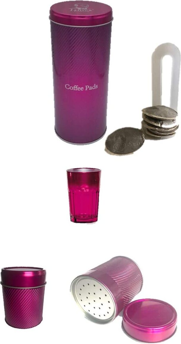 WAK INNOVATION James Premium® Kaffeepad-Dose, Blech, Metallic PINK mit Padheber Schokostreuer Metallic 0796