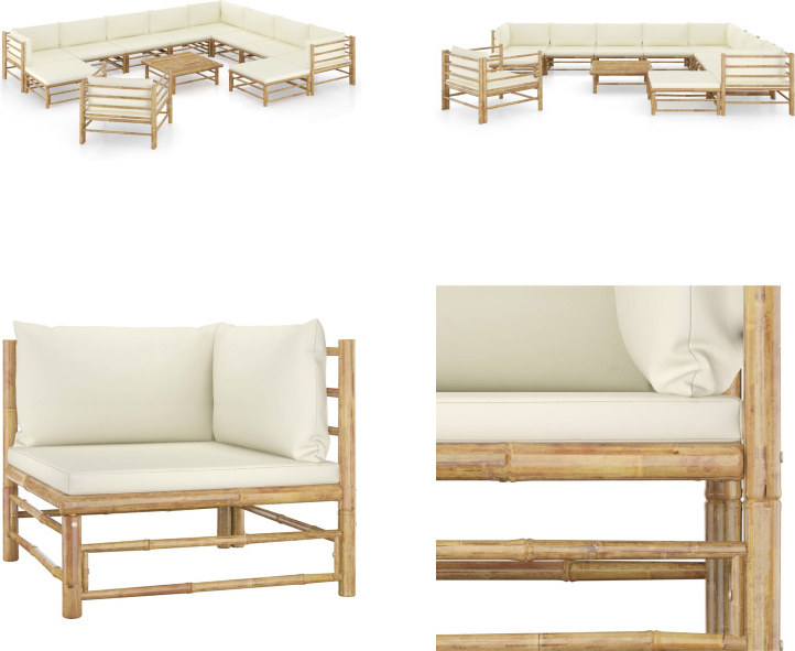 vidaXL 12-dielna záhradná súprava s krémovo bielymi vankúšmi bambus - Záhradná súprava - Záhradné súpravy - Záhradný nábytok - Súprava záhradného nábytku