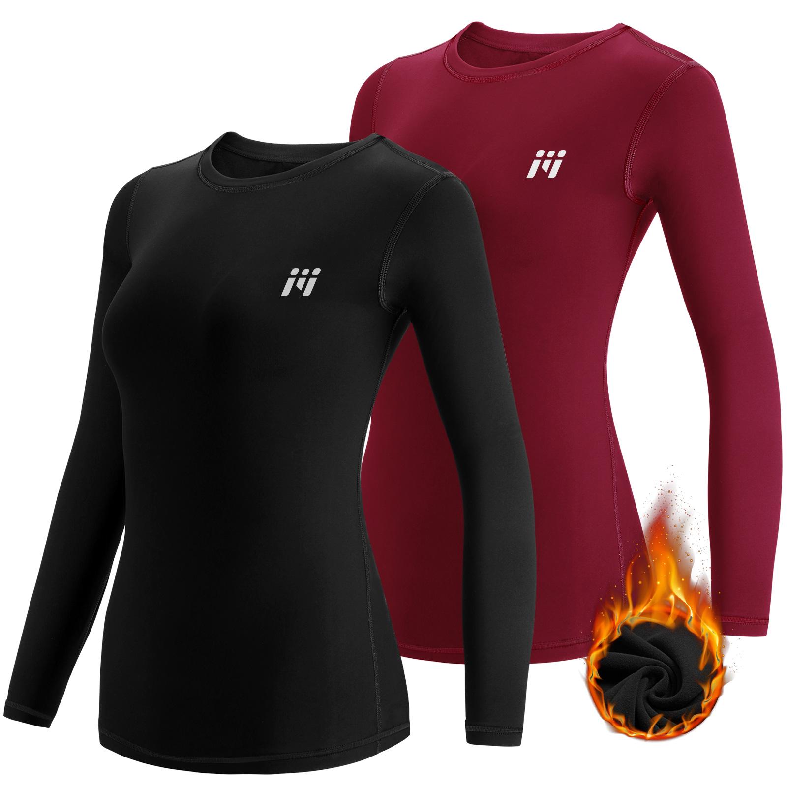 meeteu 2er Pack Damen Thermo Unterhemd Oberteile Langarm Tops Unterwäsche Thermounterwäsche Base Layer Langarmshirt Laufen Basic Warme Winter-Schwarz + Rot-M