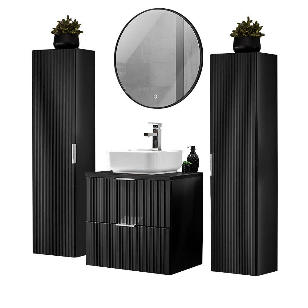 Lomadox Badmöbel Komplett Set, matt schwarz gerillt, ADELAIDE-56-BLACK, B/H/T ca. 160/200/46,5 cm ADELAIDE-56-BLACK-SET28