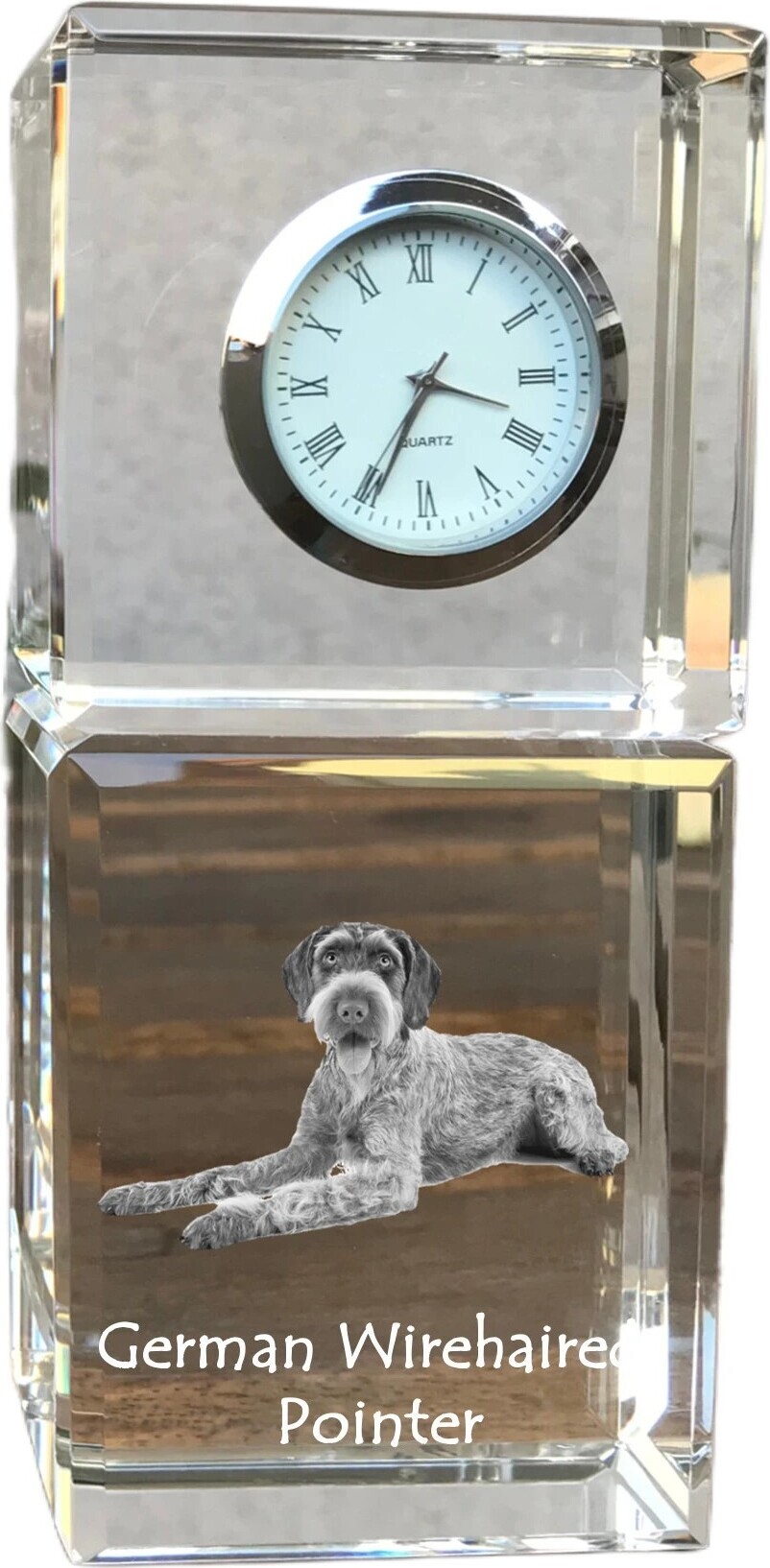 Deutsch Drahthaar - Kristalluhr mit Foto, Hundebild im Kristall, personalisierte Schreibtischuhr von Art-Dog.