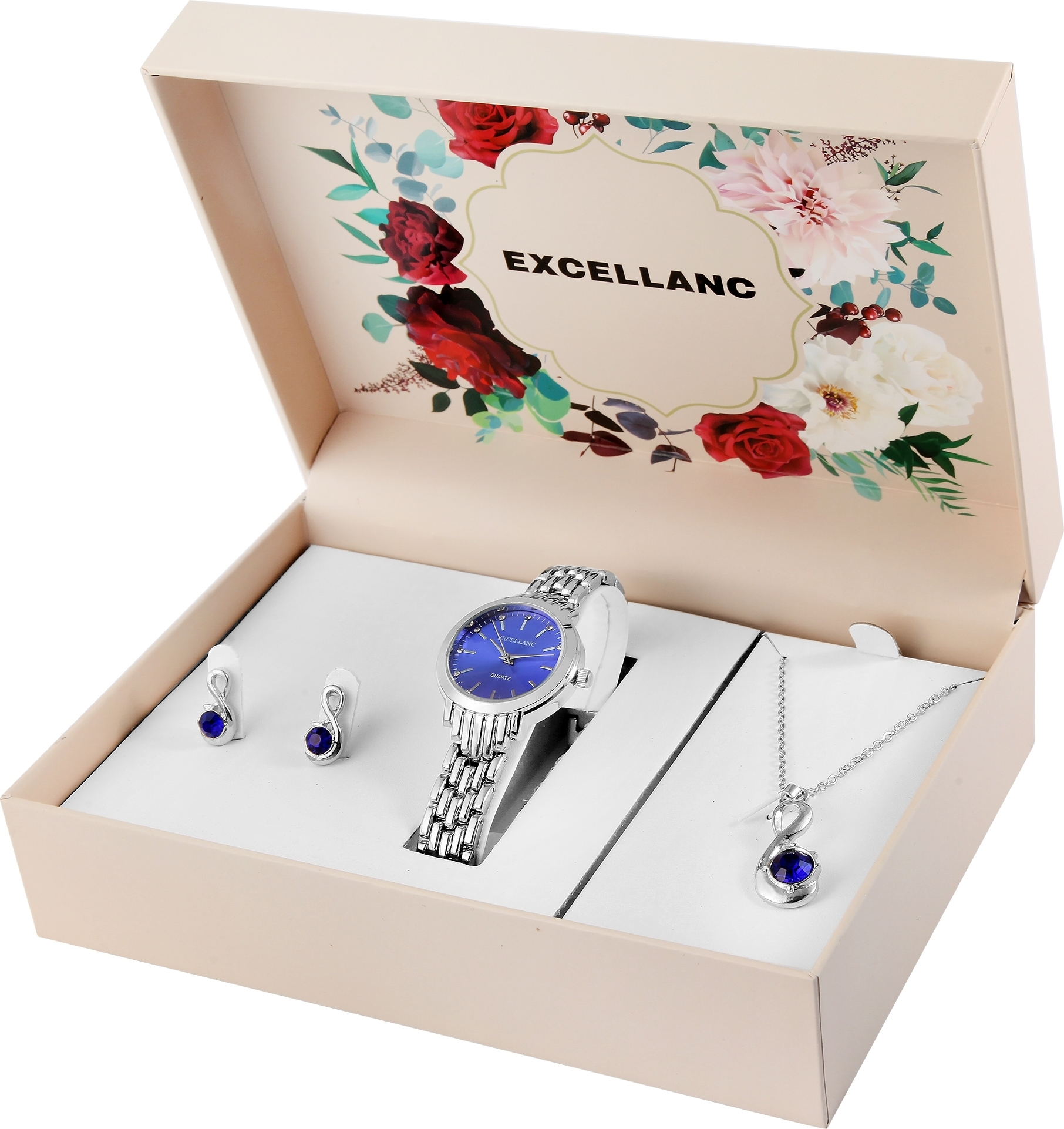 Excellanc Geschenkset mit Damenuhr, Halskette und Ohrsteckern
