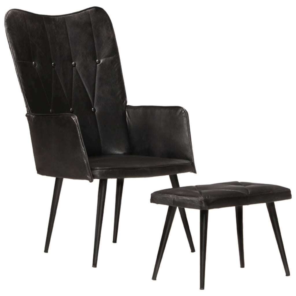 vidaXL Ohrensessel mit Hocker Schwarz Echtleder - Ohrensessel - Ohrensessel Mit Knöpfen - Ohrensessel Echtleder - Ohrensessel Mit Fußhocker HL339666