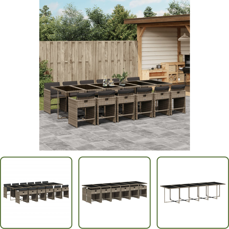 The Living Store 13-dielny záhradný jedálenský set s vankúšmi sivý polyratan