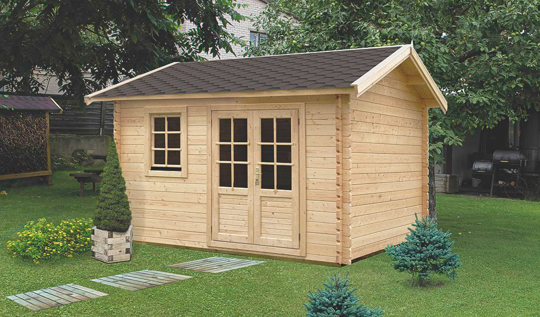 Holz-Gartenhaus 3,98 x 3,98 Meter (inkl. Dach) | Naturbelassen | Satteldach | 44 mm Blockbohlen-Haus