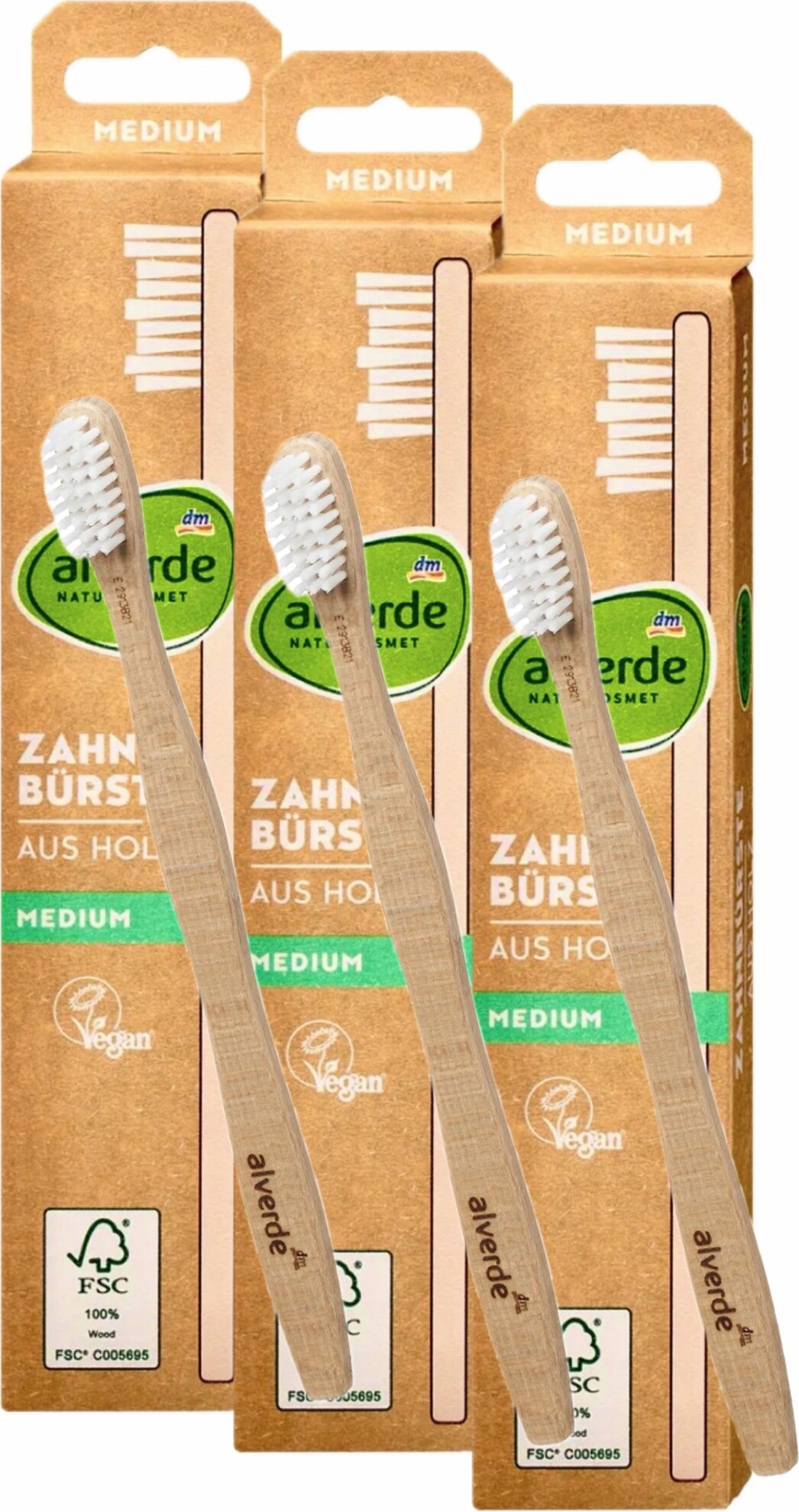 Dm-Drogeri markt 3 x alverde Naturkosmetik - Zahnbürste aus Holz medium (3 x 1 Stück) al-7651-3x
