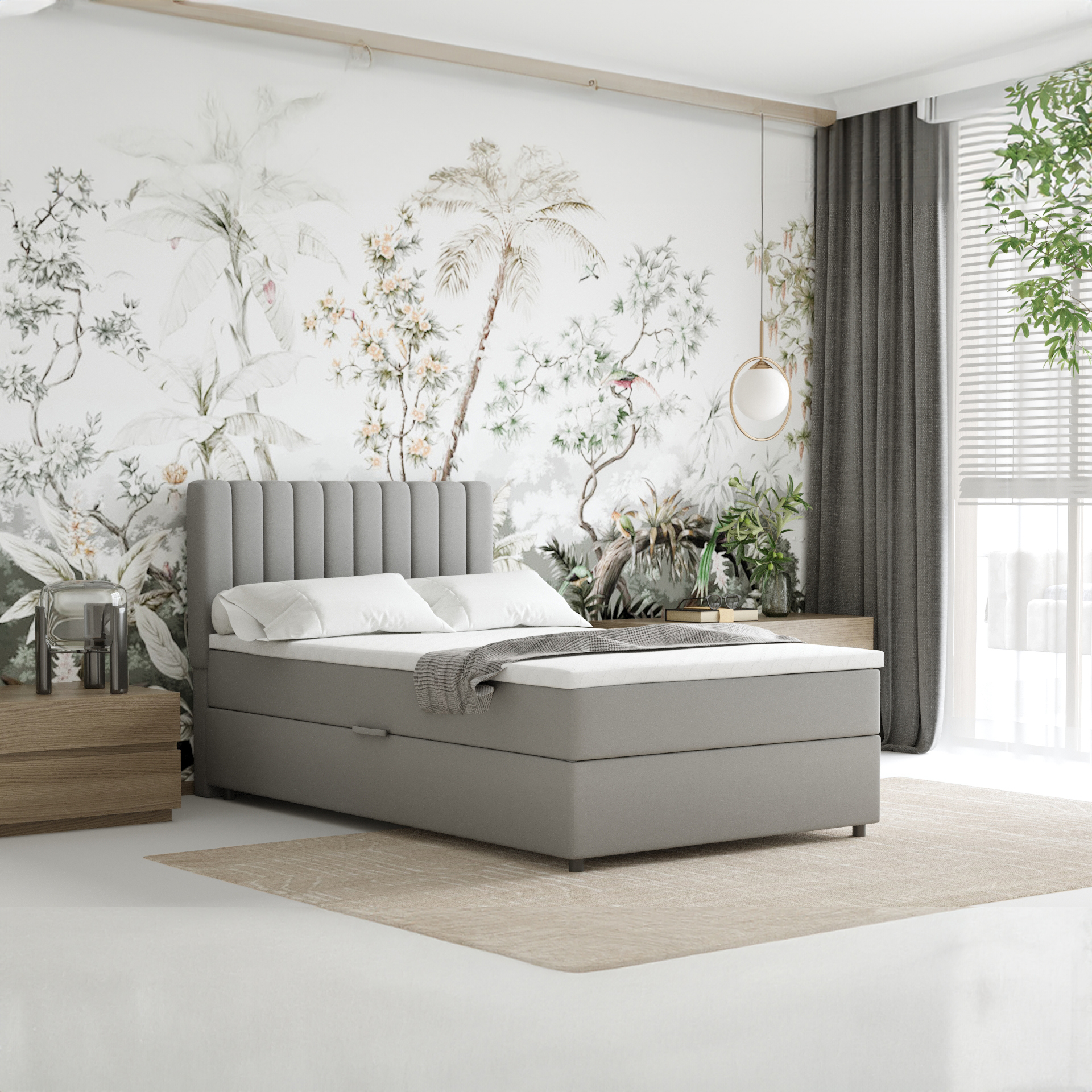 Boxspringbett 120x200 EVEREST, mit Topper, mit Bettkästen, Einzelbett, Hellgrau, Panda Möbel EVEREST_120_FAN85