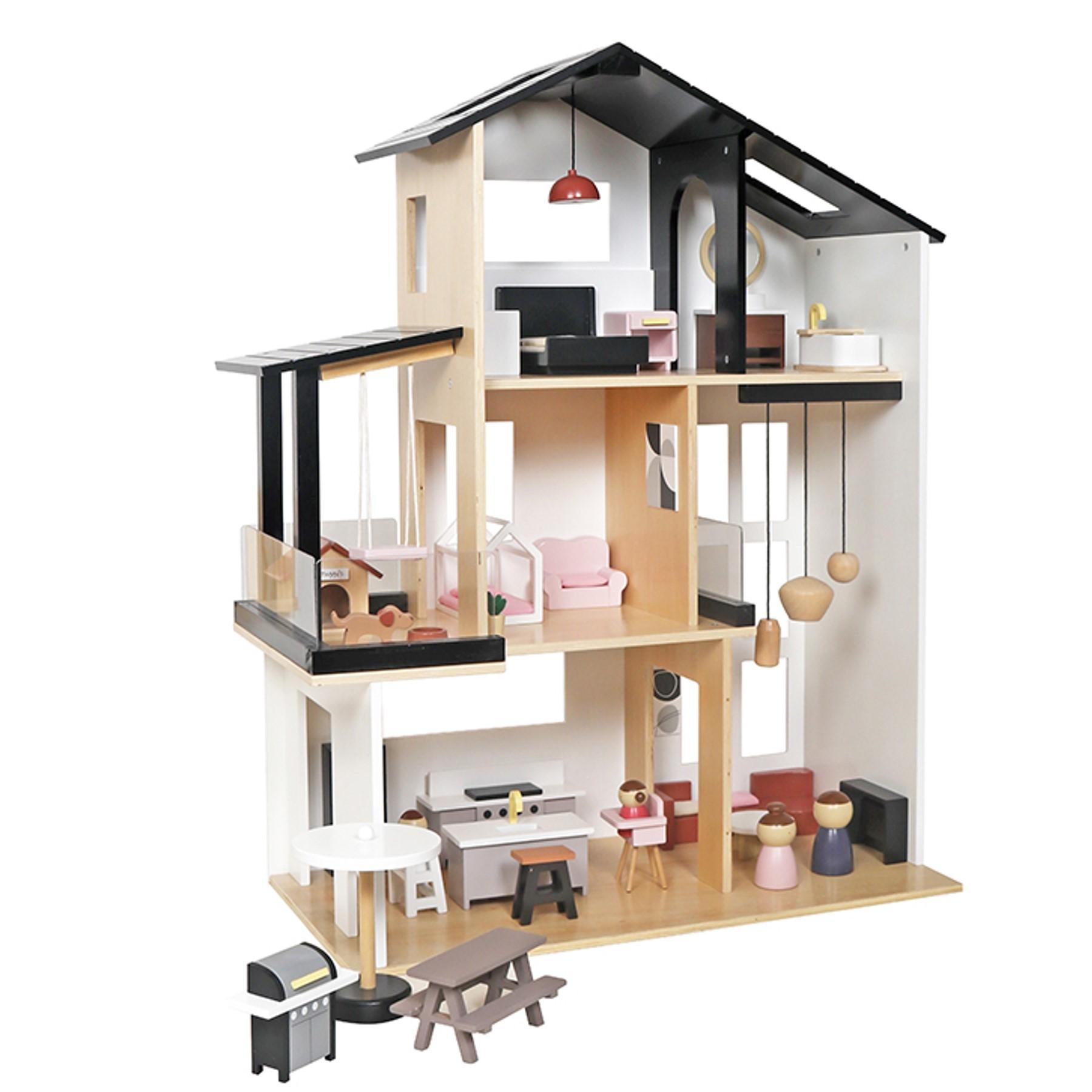 Tiktaktoo Modernes Puppenhaus Stadtvilla mit 49-tlg. Möbelset aus Holz 3057