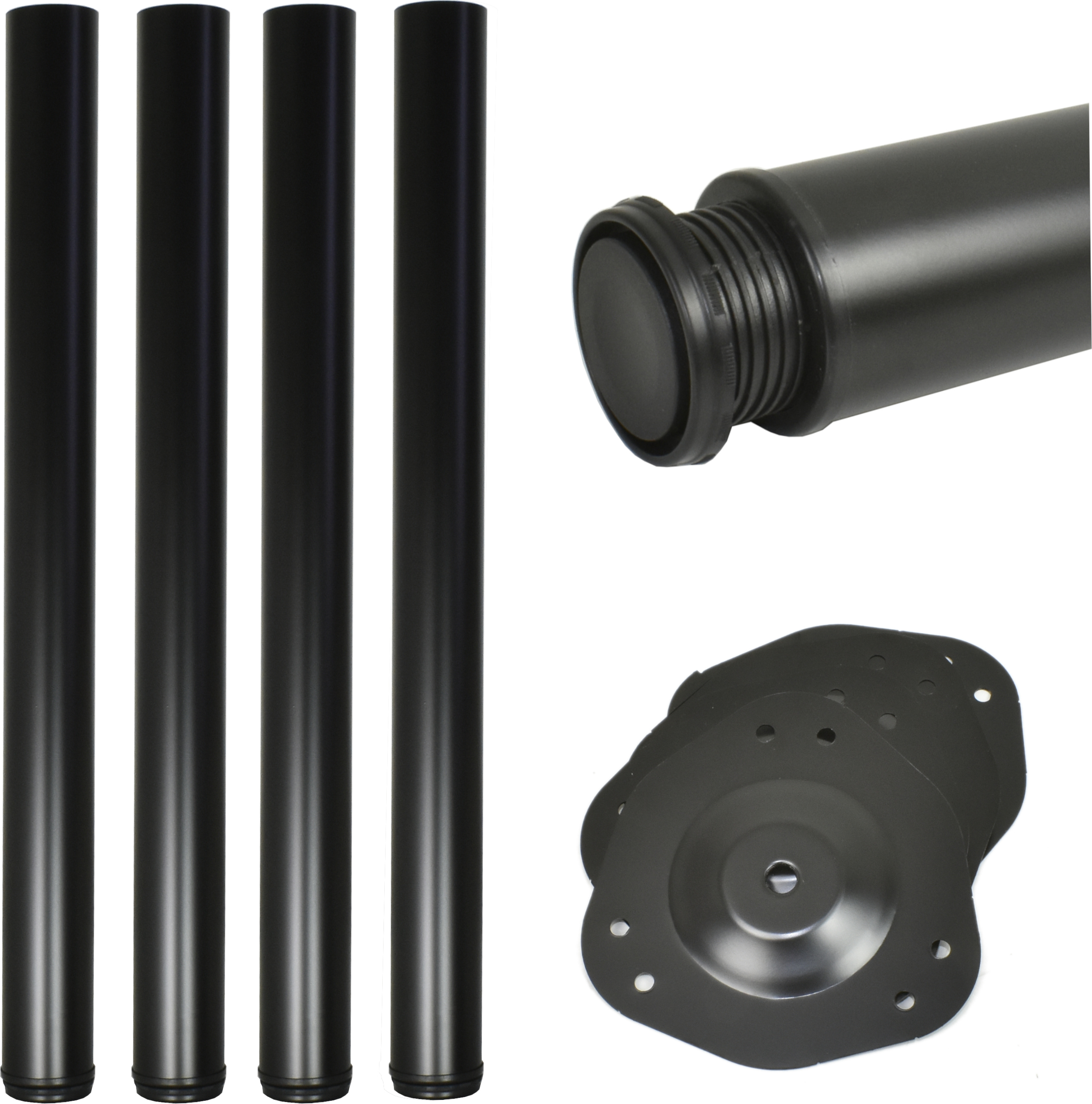 Prima-Online 4x Höhenverstellbare Tischbeine Ø60mm – Schwarz Matt, 710mm + 30mm Verstellung, mit Montageplatte 71Schwarz