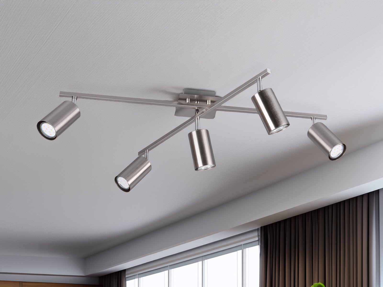 TRIO Bürolampe mit 5 Schwenkbaren Deckenspots aus Metall, Wohnraumleuchte Nickel matt 612400507