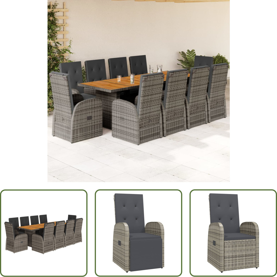 The Living Store 11-dielny záhradný jedálenský set s vankúšmi sivý polyratan