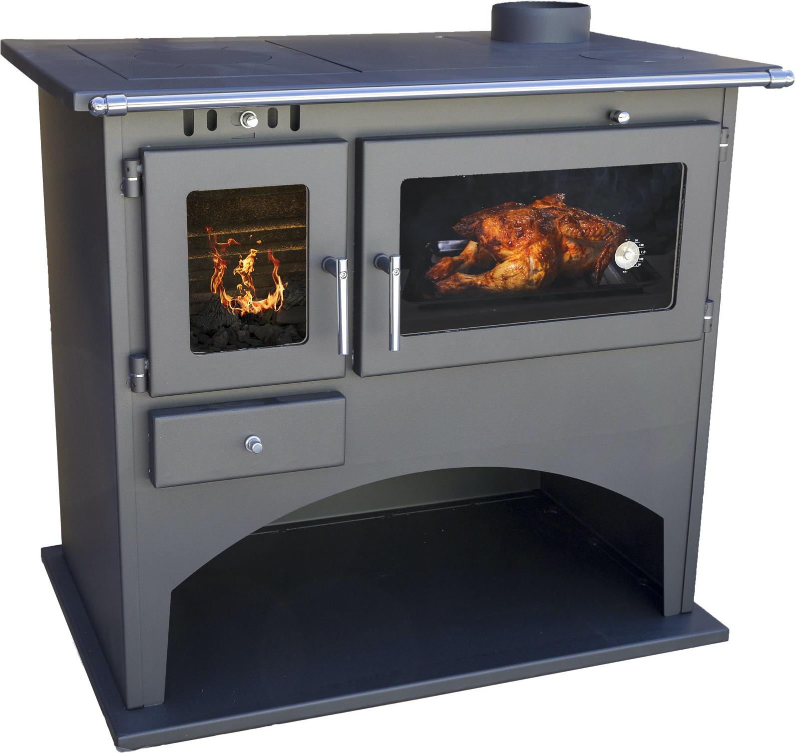 Sporák na drevo s priehradkou na pečenie a varnou doskou 25071 Dielenský sporák Viki 10,5 kW Krbový sporák na chate s viacerými miestnosťami